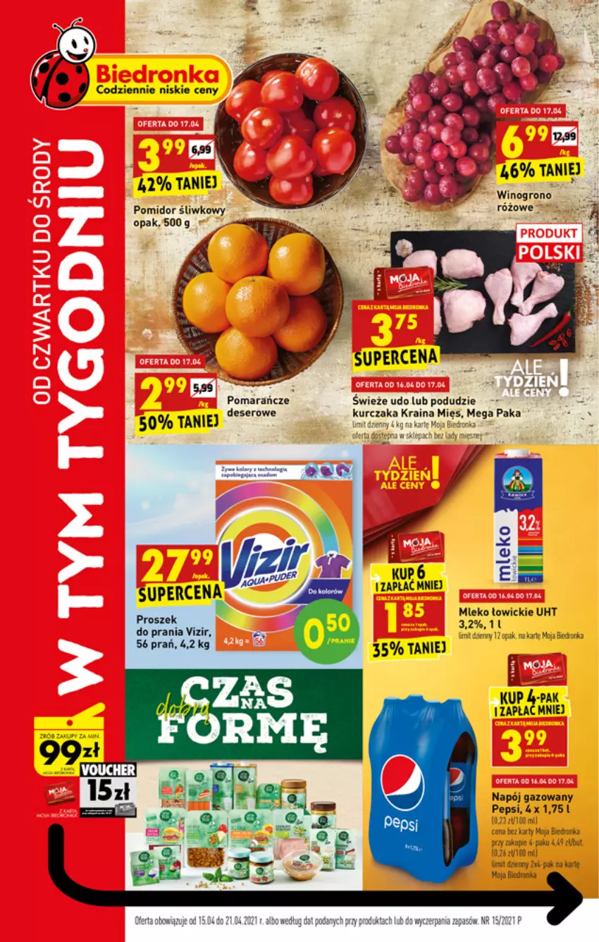 Gazetka promocyjna Biedronka - W tym tygodniu - ważna 15.04 do 21.04.2021 - strona 1 - produkty: Deser, Dron, Fa, Kurczak, Mleko, Napój, Napój gazowany, Pepsi, Pomarańcze, Proszek do prania, Ser, Vizir, Wino