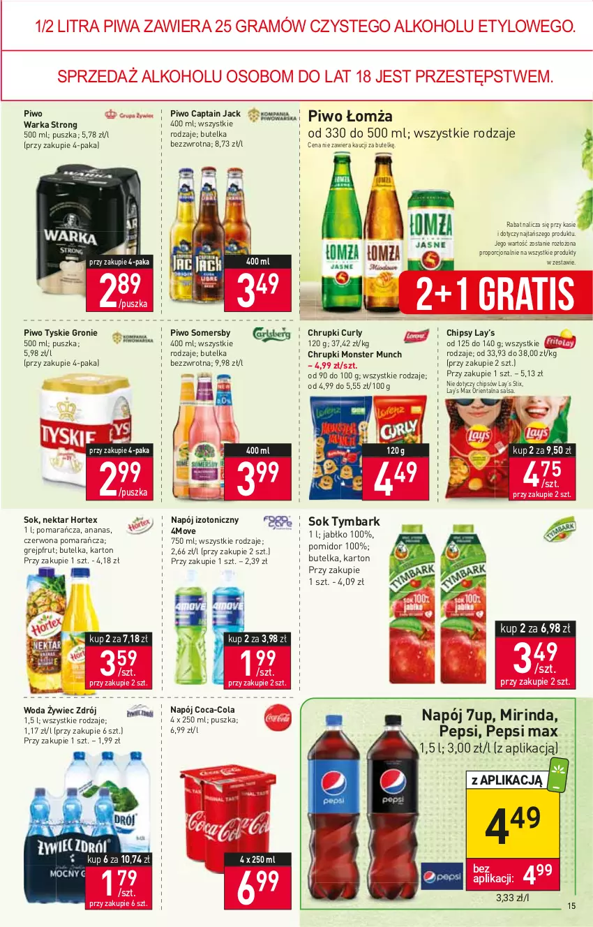 Gazetka promocyjna Stokrotka - Supermarket - ważna 10.03 do 16.03.2022 - strona 15 - produkty: 7up, Ananas, Captain Jack, Chipsy, Chrupki, Coca-Cola, Gra, Grejpfrut, Hortex, Lay’s, Mirinda, Monster Munch, Napój, Napój izotoniczny, Nektar, Pepsi, Pepsi max, Piwa, Piwo, Por, Salsa, Sok, Somersby, Tymbark, Tyskie, Warka, Woda