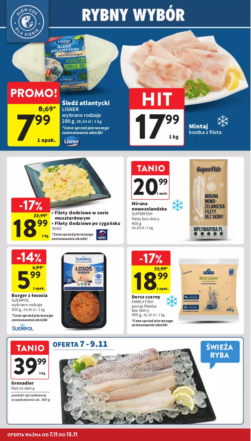 Gazetka promocyjna Intermarche - Gazetka Intermarche - ważna 07.11 do 13.11.2024 - strona 16 - produkty: Burger, Dorsz, Fa, Grenadier, Lisner, Mintaj, Miruna, Mus, Por, Ryba, SEKO, Sos, Suempol