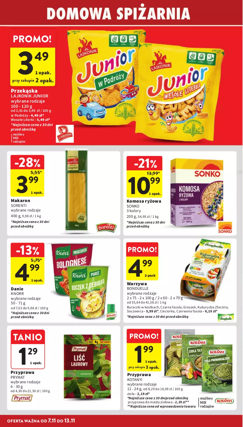 Gazetka promocyjna Intermarche - Gazetka Intermarche - ważna 07.11 do 13.11.2024 - strona 28 - produkty: Bonduelle, Buraczki, Cieciorka, Fa, Fasola, Groszek, Knorr, Kukurydza, Lajkonik, Makaron, Orka, Prymat, Ryż, Sonko, Warzywa