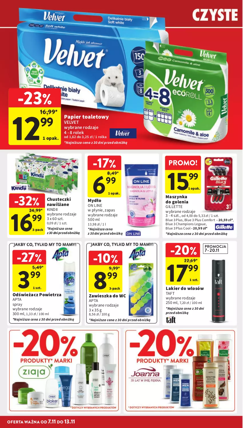 Gazetka promocyjna Intermarche - Gazetka Intermarche - ważna 07.11 do 13.11.2024 - strona 32 - produkty: Chusteczki, Gillette, Kindii, Lakier, Maszynka, Maszynka do golenia, Mydło, Odświeżacz powietrza, Papier, Papier toaletowy, Szynka, Taft, Velvet, Zawieszka do wc