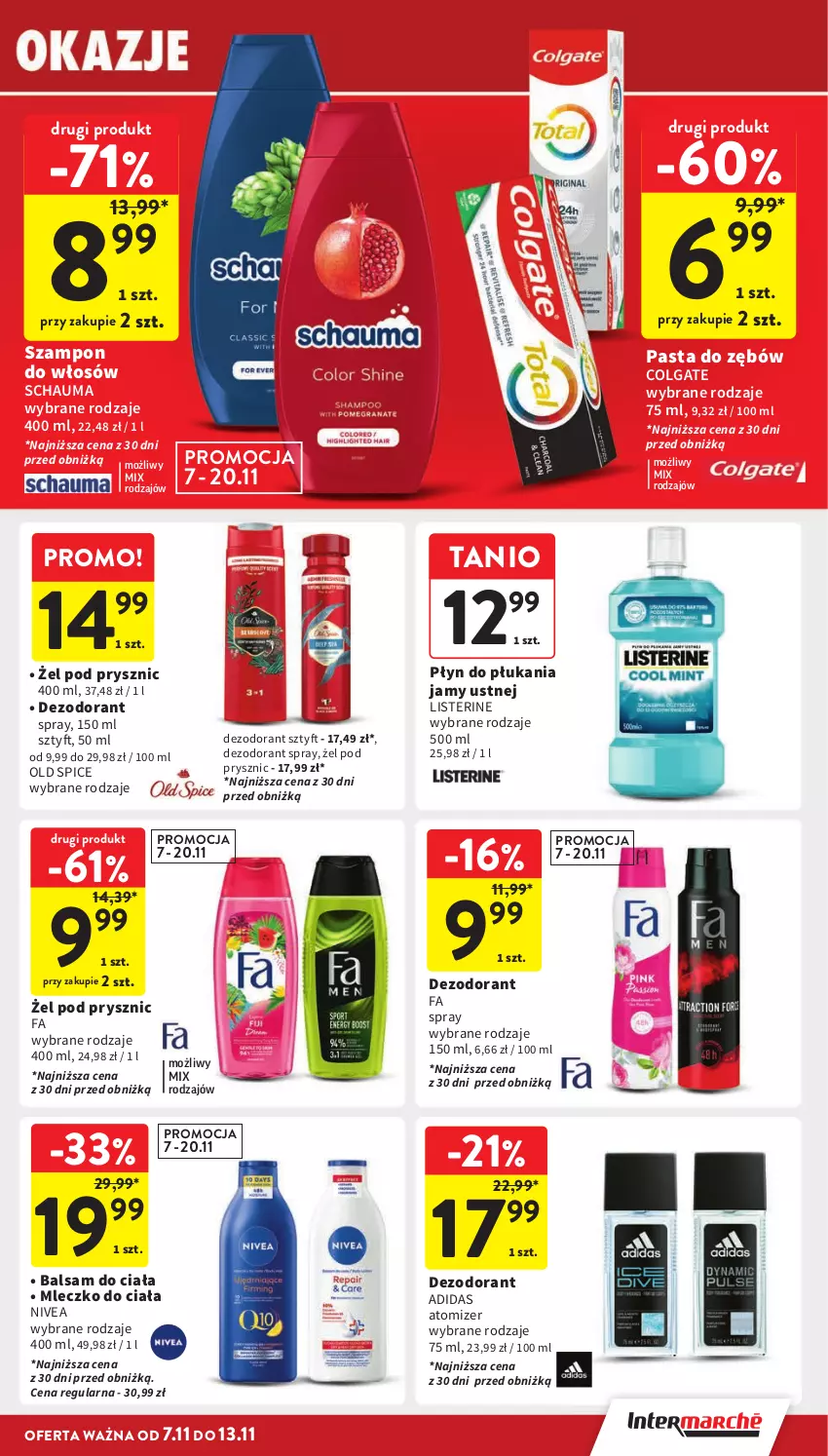 Gazetka promocyjna Intermarche - Gazetka Intermarche - ważna 07.11 do 13.11.2024 - strona 33 - produkty: Adidas, Balsam do ciała, Colgate, Dezodorant, Fa, LG, Listerine, Mleczko, Mleczko do ciała, Nivea, Old Spice, Pasta do zębów, Płyn do płukania, Płyn do płukania jamy ustnej, Schauma, Szampon