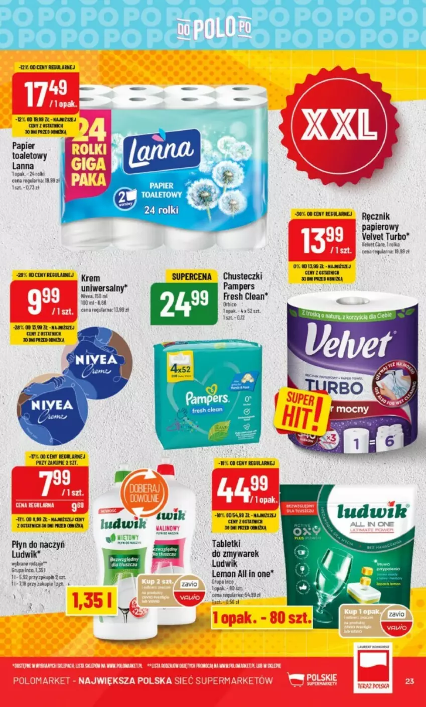 Gazetka promocyjna PoloMarket - ważna 02.08 do 08.08.2023 - strona 16 - produkty: BIC, Chusteczki, Krem uniwersalny, Ludwik, Nivea, Pampers, Papier, Papier toaletowy, Ręcznik, Rolki, Tablet, Velvet