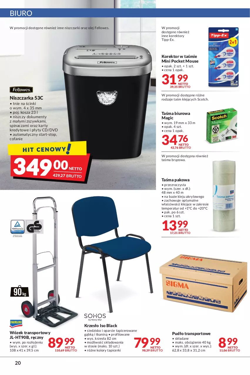 Gazetka promocyjna Makro - [Oferta promocyjna] Artykuły spożywcze i przemysłowe - ważna 08.02 do 21.02.2022 - strona 20 - produkty: Biuro, Fa, Klej, Kosz, Krzesło, Lack, Niszczarka, Olej, Por, Siedzisko, Sport, Taśma pakowa, Top, Tran, Wózek, Wózek transportowy