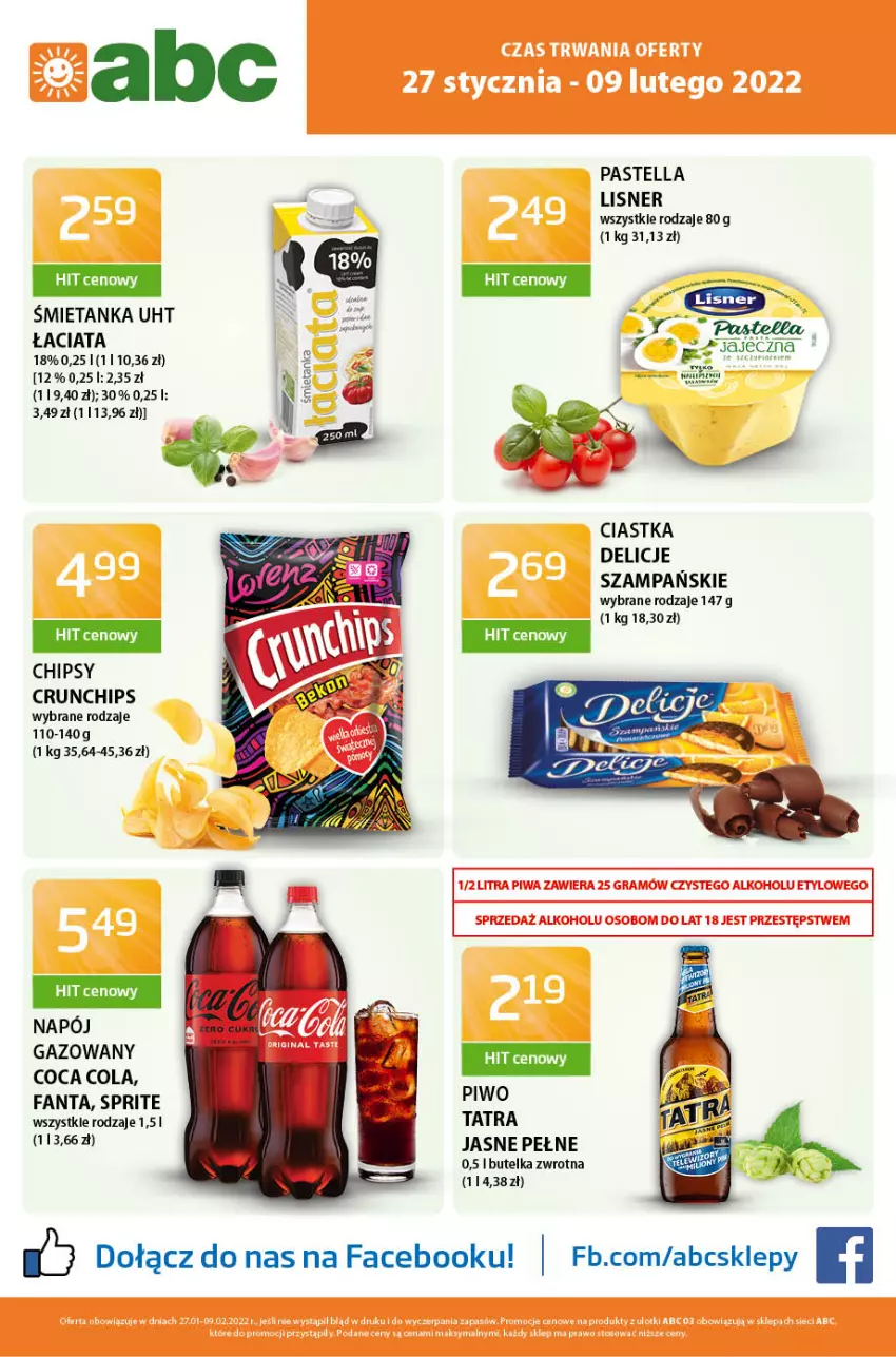 Gazetka promocyjna ABC - Gazetka - ważna 27.01 do 09.02.2022 - strona 1 - produkty: Chipsy, Ciastka, Crunchips, Delicje, Fa, Fanta, Lisner, Napój, Napój gazowany, O nas, Pastella, Piwo, Sprite, Tatra