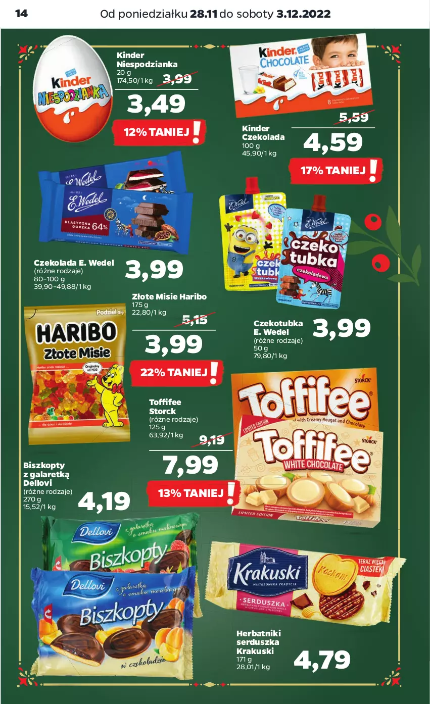 Gazetka promocyjna Netto - Artykuły spożywcze - ważna 28.11 do 03.12.2022 - strona 14 - produkty: Biszkopty, Czekolada, Dell, E. Wedel, Gala, Haribo, Herbatniki, Kinder, Krakus, Krakuski, Lovi, Ser, Toffifee