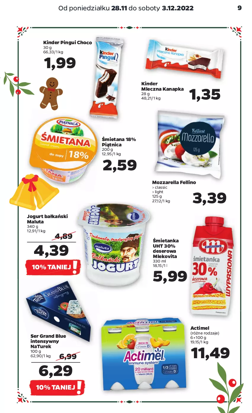 Gazetka promocyjna Netto - Artykuły spożywcze - ważna 28.11 do 03.12.2022 - strona 9 - produkty: Actimel, Deser, Gra, Jogurt, Kinder, Mleczna kanapka, Mleko, Mlekovita, Mozzarella, NaTurek, Piątnica, Ser