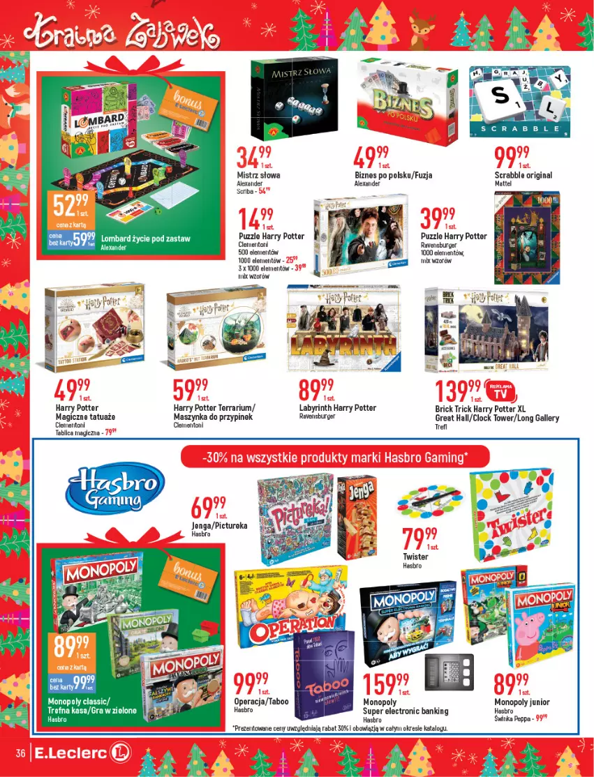 Gazetka promocyjna E Leclerc - ważna 09.11 do 04.12.2021 - strona 36 - produkty: Burger, Gin, Harry Potter, Hasbro, Inka, Mattel, Monopoly, Puzzle, Ravensburger, Scrabble, Ser, Taboo