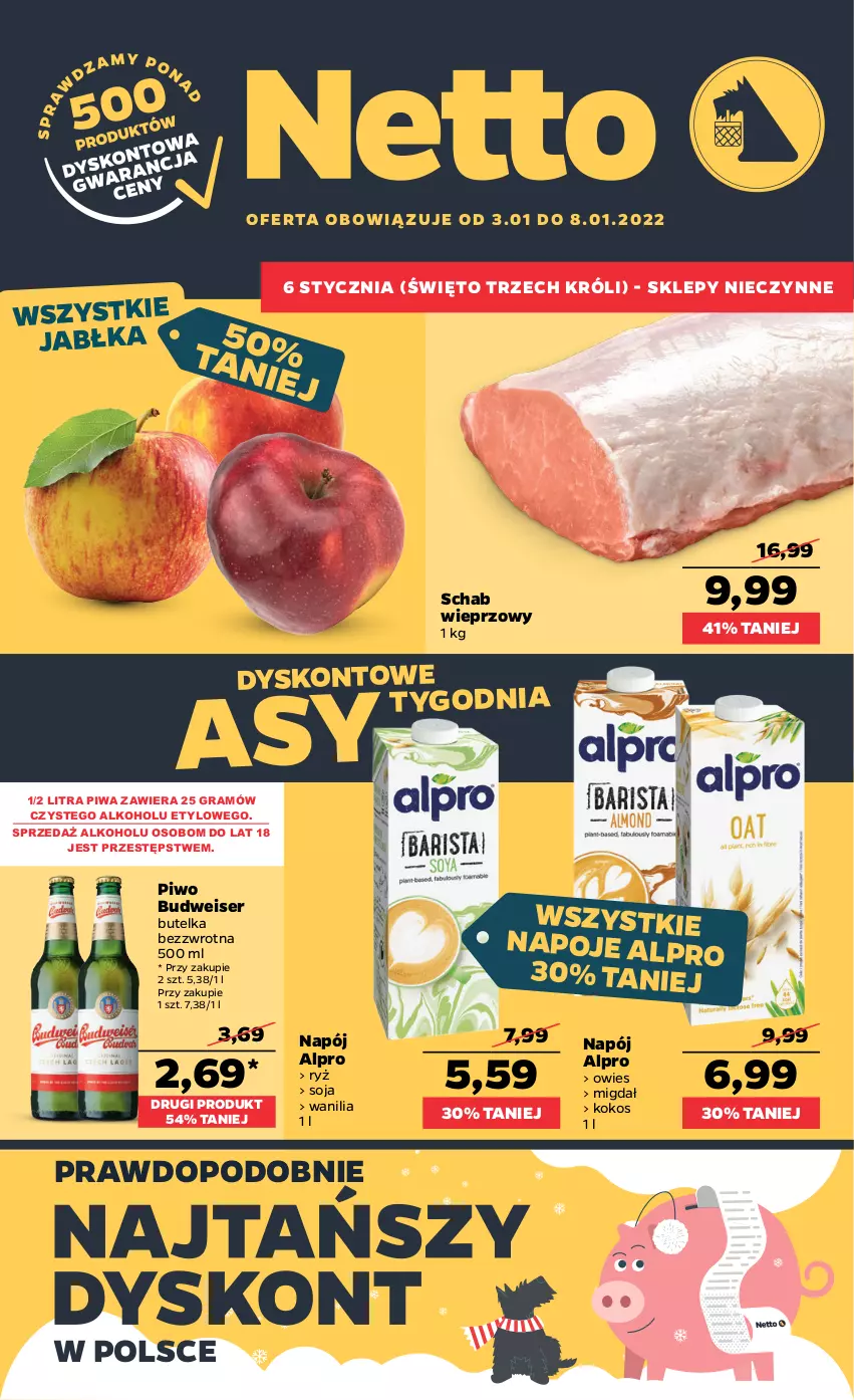 Gazetka promocyjna Netto - Gazetka spożywcza - ważna 03.01 do 08.01.2022 - strona 1 - produkty: Alpro, Gra, Jabłka, Kokos, Napój, Napoje, Piwa, Piwo, Ryż, Schab wieprzowy, Ser