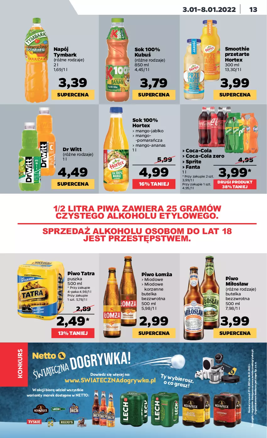 Gazetka promocyjna Netto - Gazetka spożywcza - ważna 03.01 do 08.01.2022 - strona 13 - produkty: Ananas, Coca-Cola, Fa, Fanta, Gra, Gry, Hortex, Kubuś, Mango, Napój, Piwa, Piwo, Smoothie, Sok, Sprite, Tatra, Tymbark