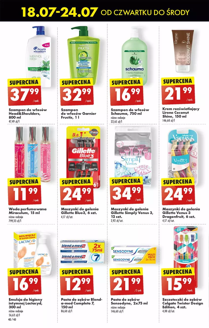 Gazetka promocyjna Biedronka - Od czwartku - ważna 18.07 do 24.07.2024 - strona 42 - produkty: Colgate, Emulsja, Fructis, Garnier, Gillette, Gillette Venus, HP, Lactacyd, LG, Lirene, Pasta do zębów, Perfum, Por, Schauma, Sensodyne, Szampon, Venus, Warka, Woda, Woda perfumowana