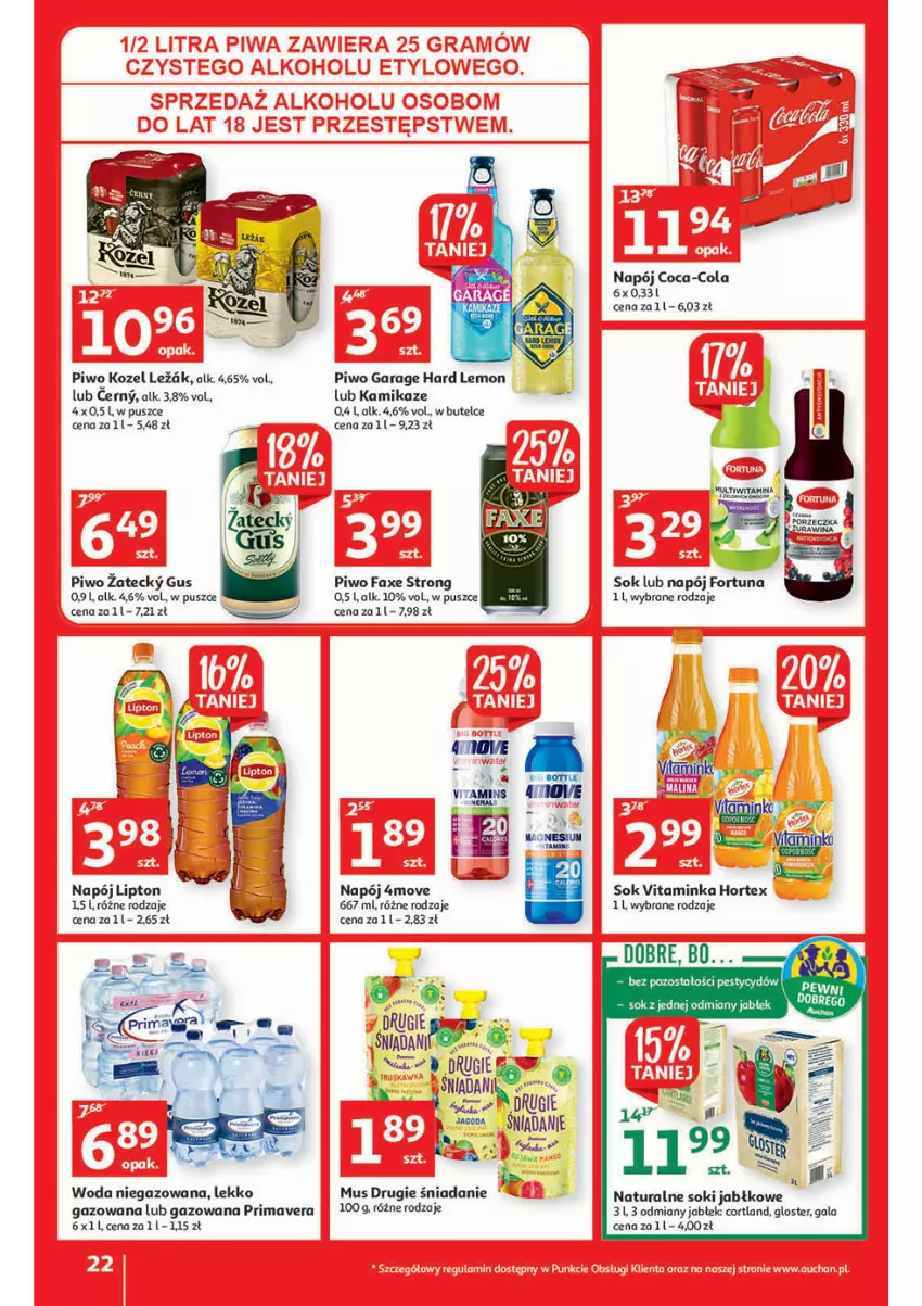 Gazetka promocyjna Auchan - przeNISKIE CENY lecą w dół Hipermarkety - ważna 24.02 do 02.03.2022 - strona 22 - produkty: Coca-Cola, Fa, Fortuna, Gala, Hortex, Inka, Kozel, Lipton, Mus, Napój, Piwo, Prima, Primavera, Sok, Woda, Woda niegazowana