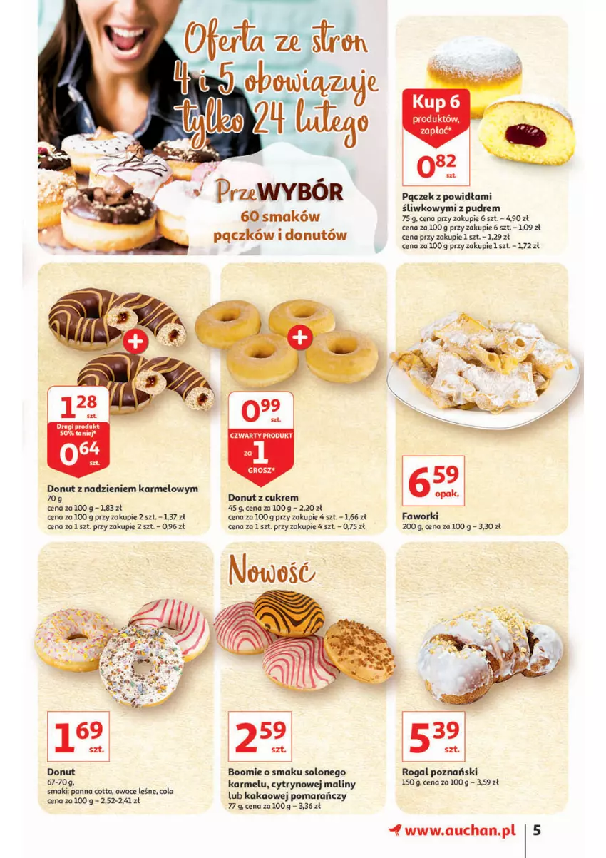 Gazetka promocyjna Auchan - przeNISKIE CENY lecą w dół Hipermarkety - ważna 24.02 do 02.03.2022 - strona 5 - produkty: Donut, Fa, Faworki, Kakao, Maliny, Rogal