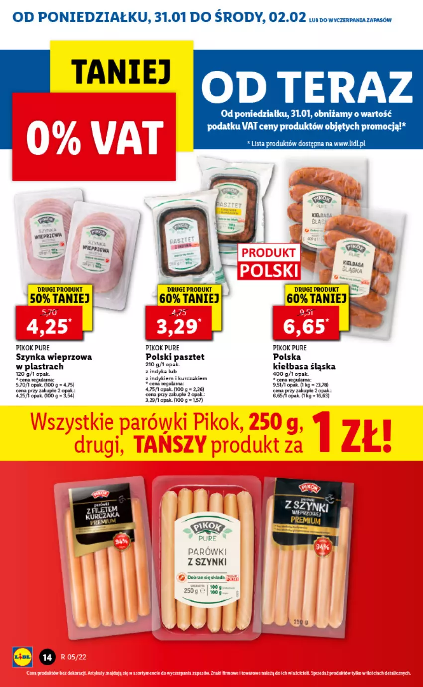 Gazetka promocyjna Lidl - GAZETKA - ważna 31.01 do 02.02.2022 - strona 14 - produkty: Kiełbasa, Kiełbasa śląska, Kurczak, Parówki, Parówki z szynki, Pasztet, PIKOK, Pur, Szynka, Szynka wieprzowa