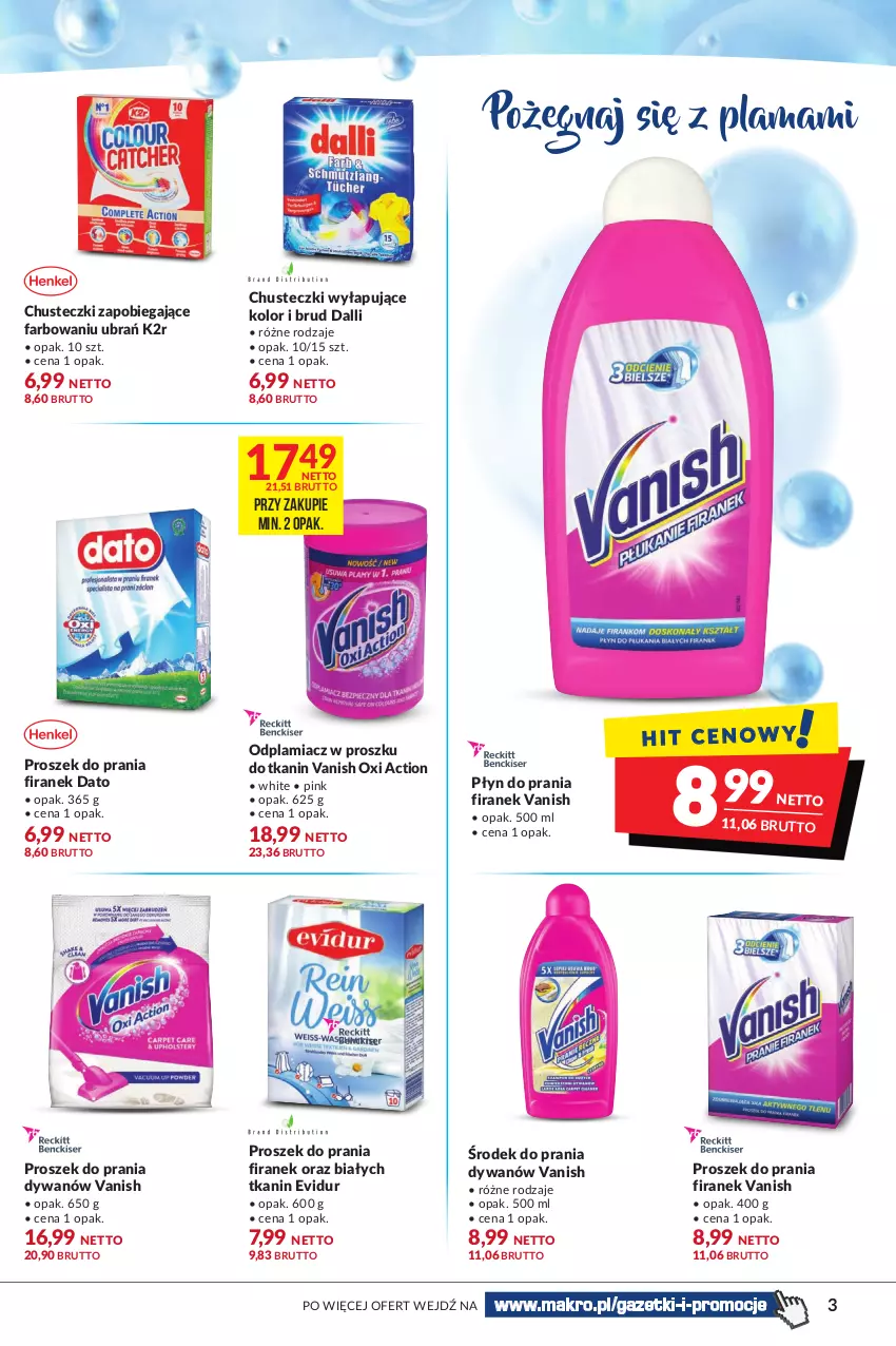 Gazetka promocyjna Makro - [Oferta specjalna] Pranie czysta przyjemność - ważna 23.08 do 05.09.2022 - strona 3 - produkty: Chusteczki, Dywan, Fa, K2, Odplamiacz, Płyn do prania, Proszek do prania, Vanish