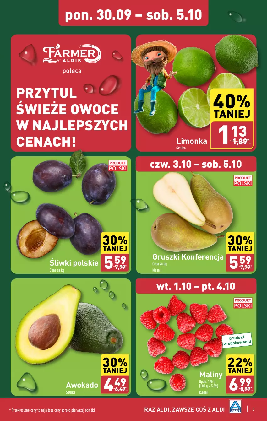 Gazetka promocyjna Aldi - Farmer ALDIK poleca świeże owoce i warzywa - ważna 30.09 do 05.10.2024 - strona 3 - produkty: Gruszki, Limonka, Maliny, Owoce