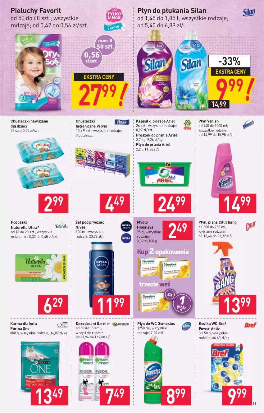 Gazetka promocyjna Stokrotka - Market - ważna 08.04 do 14.04.2021 - strona 11 - produkty: Ariel, Bref, Chusteczki, Cillit Bang, Dezodorant, Domestos, Dzieci, Fa, Garnier, Himalaya, Mydło, Naturell, Naturella, Nivea, Pieluchy, Płyn do płukania, Płyn do prania, Płyn do wc, Podpaski, Proszek do prania, Pur, Purina, Silan, Vanish, Velvet