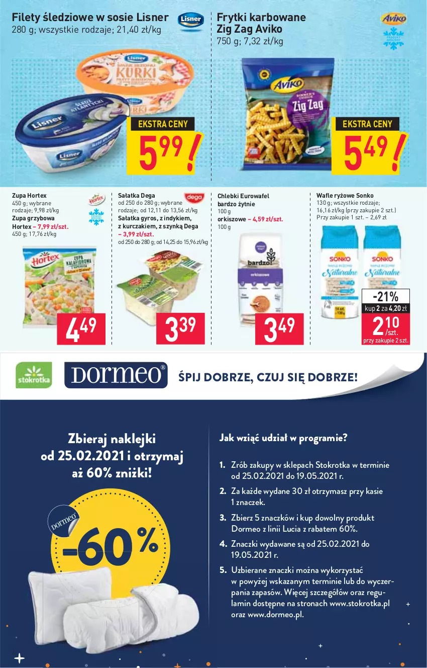 Gazetka promocyjna Stokrotka - Market - ważna 08.04 do 14.04.2021 - strona 4 - produkty: Chleb, Dega, Frytki, Gra, Gyros, Hortex, Klej, Kurczak, Lisner, Ryż, Sałat, Sałatka, Sonko, Sos, Wafle, Zupa