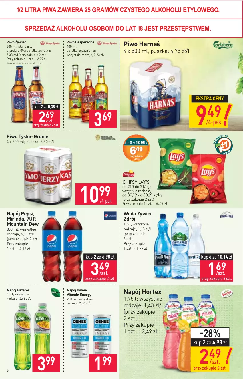 Gazetka promocyjna Stokrotka - Market - ważna 08.04 do 14.04.2021 - strona 6 - produkty: 7up, Chipsy, Desperados, Gra, Harnaś, Hortex, Lay’s, Mirinda, Napój, Oshee, Pepsi, Piwa, Piwo, Tyskie, Woda