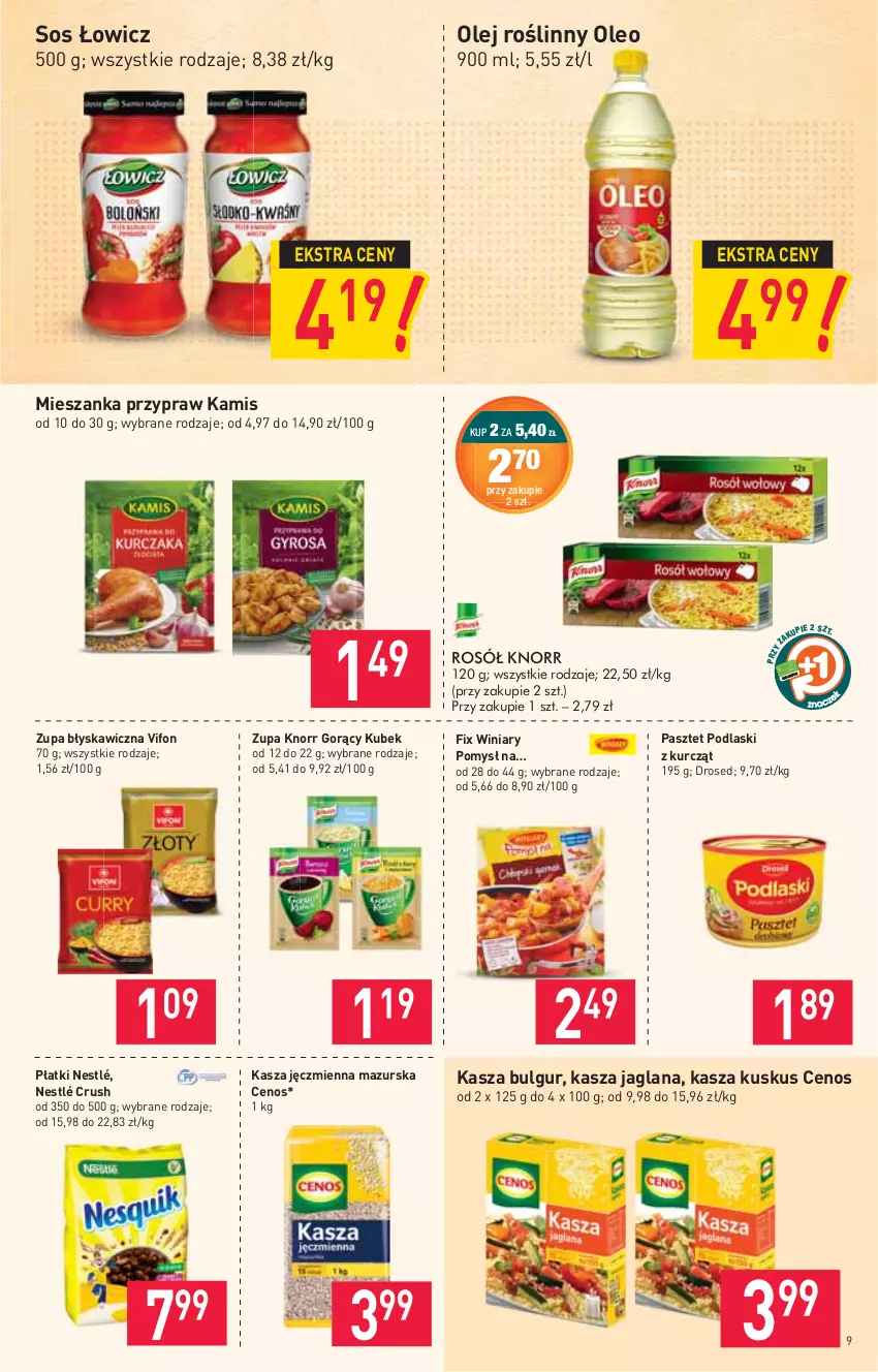 Gazetka promocyjna Stokrotka - Market - ważna 08.04 do 14.04.2021 - strona 9 - produkty: Bulgur, Cenos, Kamis, Kasza, Kasza jaglana, Kasza jęczmienna, Knorr, Kubek, Kuskus, LANA, LG, Nestlé, Olej, Olej roślinny, Oleo, Pasztet, Podlaski, Sos, Winiary, Zupa