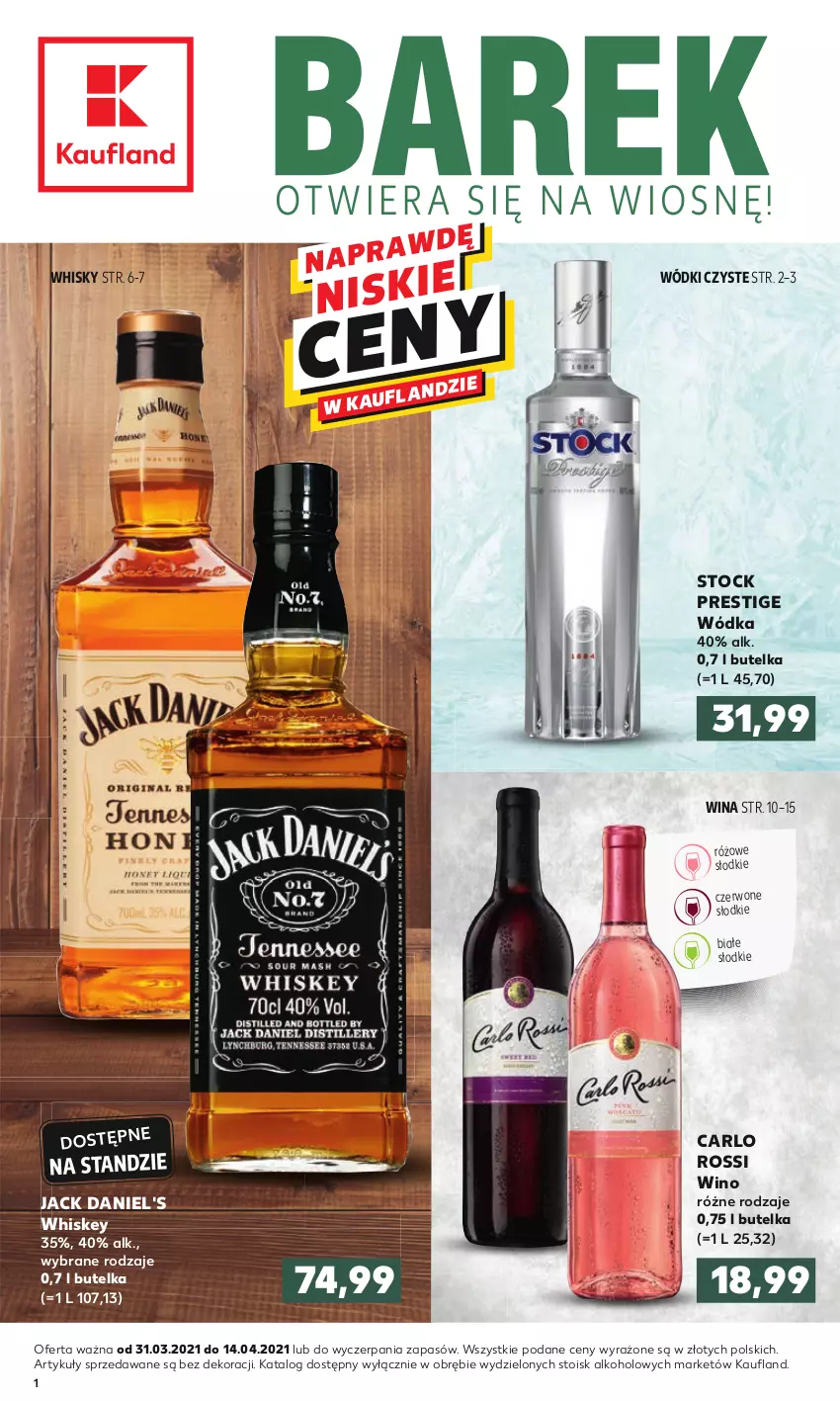 Gazetka promocyjna Kaufland - Barek - ważna 31.03 do 14.04.2021 - strona 1 - produkty: Carlo Rossi, Jack Daniel's, Stock, Whiskey, Whisky, Wino, Wódka