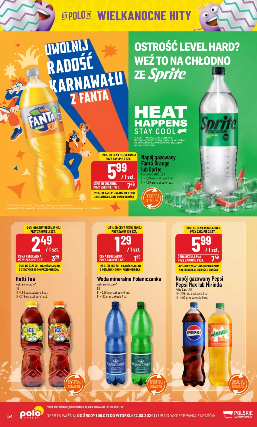 Gazetka promocyjna PoloMarket - Gazetka pomocyjna - ważna 06.03 do 12.03.2023 - strona 54 - produkty: Coca-Cola, Fa, Fanta, Mirinda, Napój, Napój gazowany, Pepsi, Pepsi max, Sprite, Woda, Woda mineralna