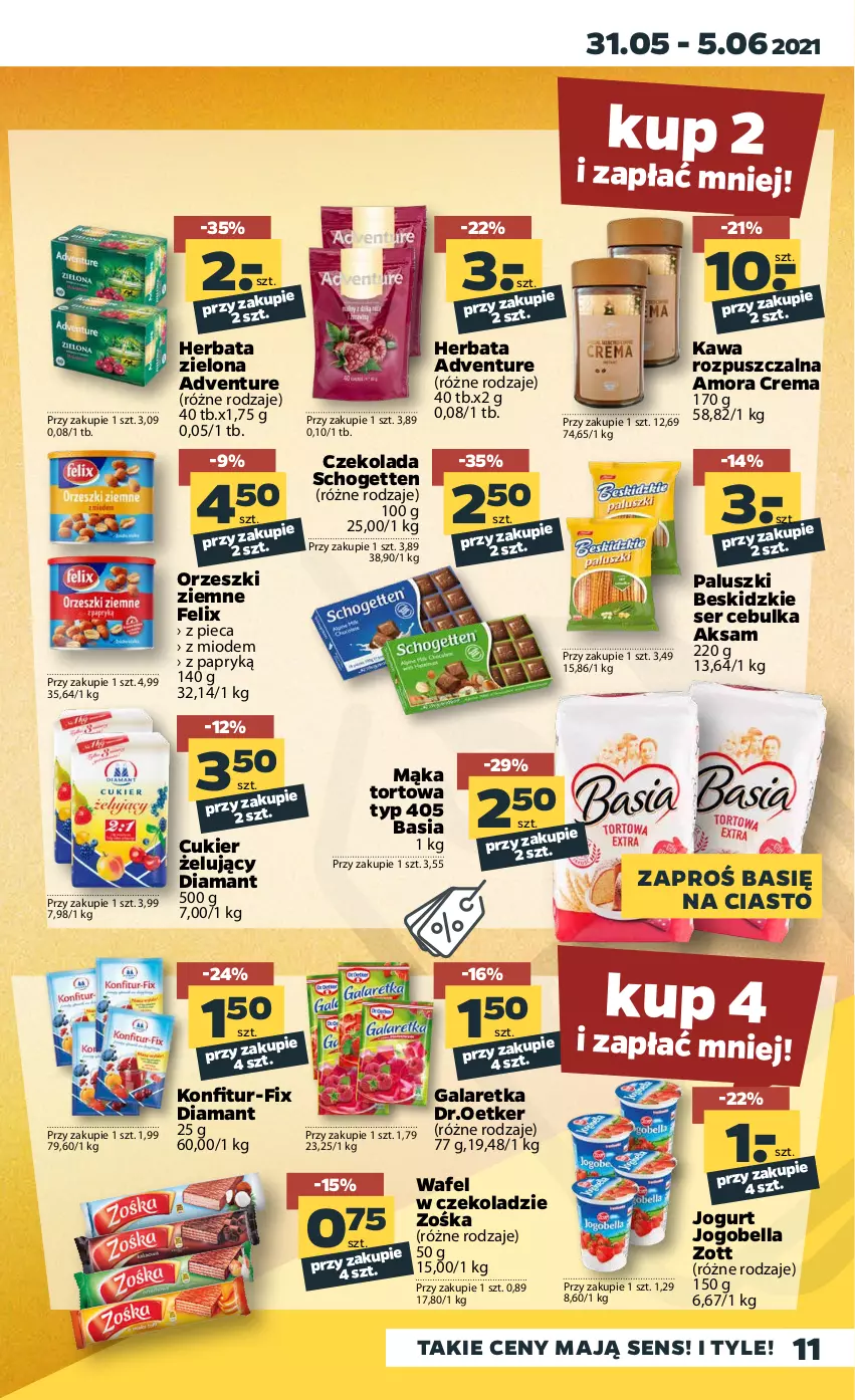 Gazetka promocyjna Netto - Gazetka spożywcza - ważna 31.05 do 05.06.2021 - strona 11 - produkty: Aksam, Basia, Bell, Bella, Beskidzki, Cukier, Czekolada, Diamant, Felix, Gala, Galaretka, Herbata, Jogobella, Jogurt, Kawa, Kawa rozpuszczalna, Mąka, Mąka tortowa, Orzeszki, Orzeszki ziemne, Piec, Schogetten, Ser, Zott