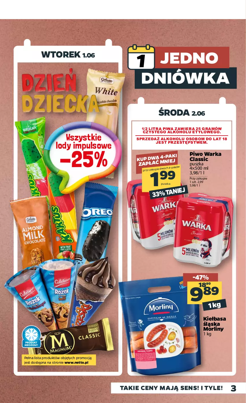 Gazetka promocyjna Netto - Gazetka spożywcza - ważna 31.05 do 05.06.2021 - strona 3 - produkty: Gra, Kiełbasa, Kiełbasa śląska, Lody, Morliny, Piwa, Piwo, Warka