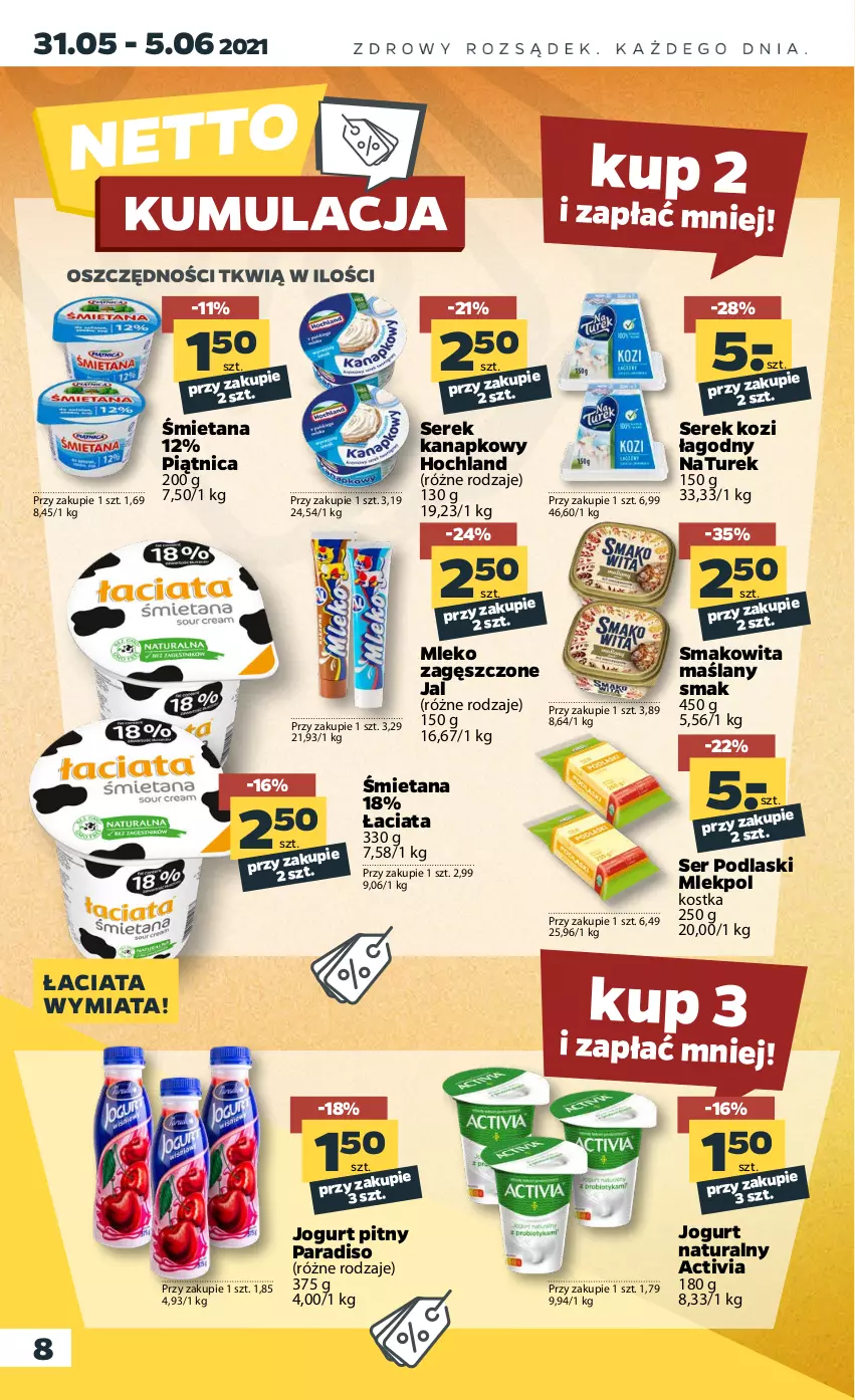 Gazetka promocyjna Netto - Gazetka spożywcza - ważna 31.05 do 05.06.2021 - strona 8 - produkty: Activia, Hochland, Jogurt, Jogurt naturalny, Jogurt pitny, Mleko, Mleko zagęszczone, NaTurek, Piątnica, Podlaski, Ser, Serek, Serek kanapkowy, Smakowita