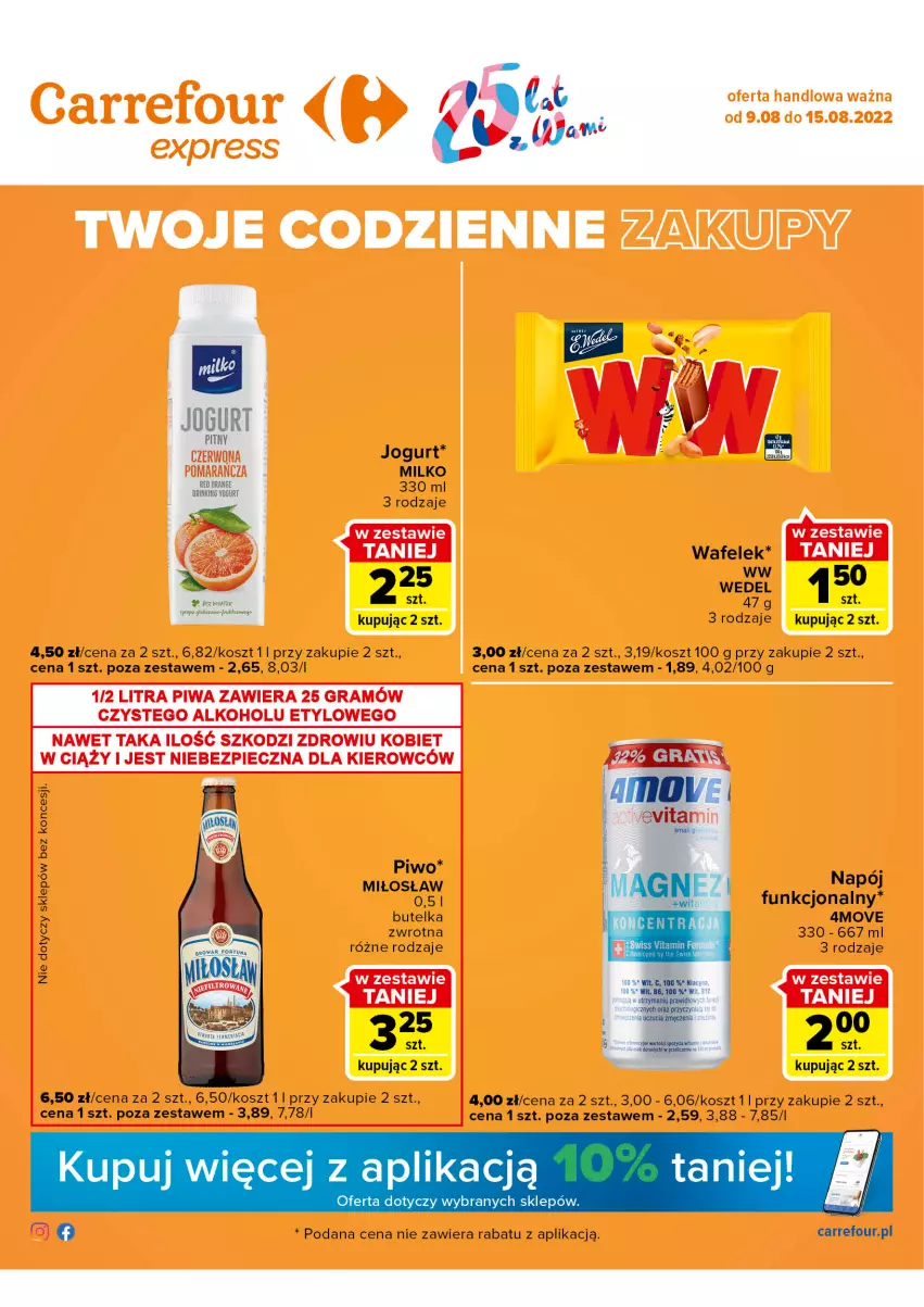 Gazetka promocyjna Carrefour - Gazetka Express - ważna 09.08 do 15.08.2022 - strona 1 - produkty: HP, Jogurt, Kosz, Napój, Piwo, Wafelek