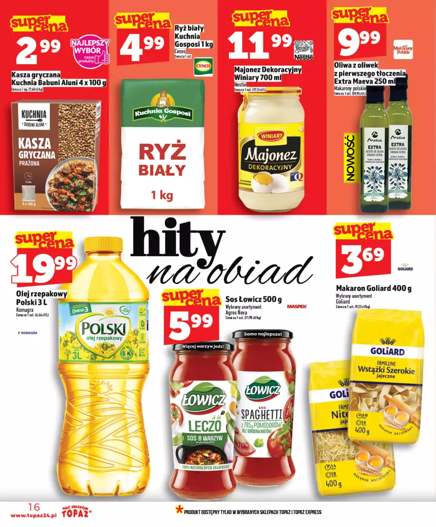 Gazetka promocyjna Topaz - Gazetka - ważna 12.03 do 18.03.2026 - strona 16 - produkty: Babuni, Cenos, Fa, Goliard, Gra, Gry, Kasza, Kasza gryczana, Kuchnia, Majonez, Makaron, Olej, Olej rzepakowy, Oliwa z oliwek, Ryż, Ryż biały, Sos, Top, Winiary