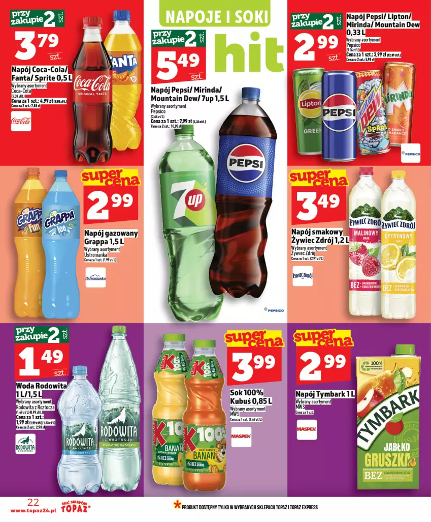 Gazetka promocyjna Topaz - Gazetka - ważna 12.03 do 18.03.2026 - strona 22 - produkty: 7up, Coca-Cola, Fa, Fanta, Gra, Grappa, Kubuś, Lipton, Mirinda, Napój, Napój gazowany, Pepsi, Sok, Sos, Sprite, Top, Tymbark