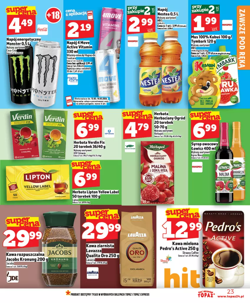 Gazetka promocyjna Topaz - Gazetka - ważna 12.03 do 18.03.2026 - strona 23 - produkty: Herbapol, Herbata, Kawa, Kawa mielona, Kubuś, Lavazza, Lipton, Magnez, Mus, Napój, Napój energetyczny, Nestea, Ogród, Por, Top, Zdrowie
