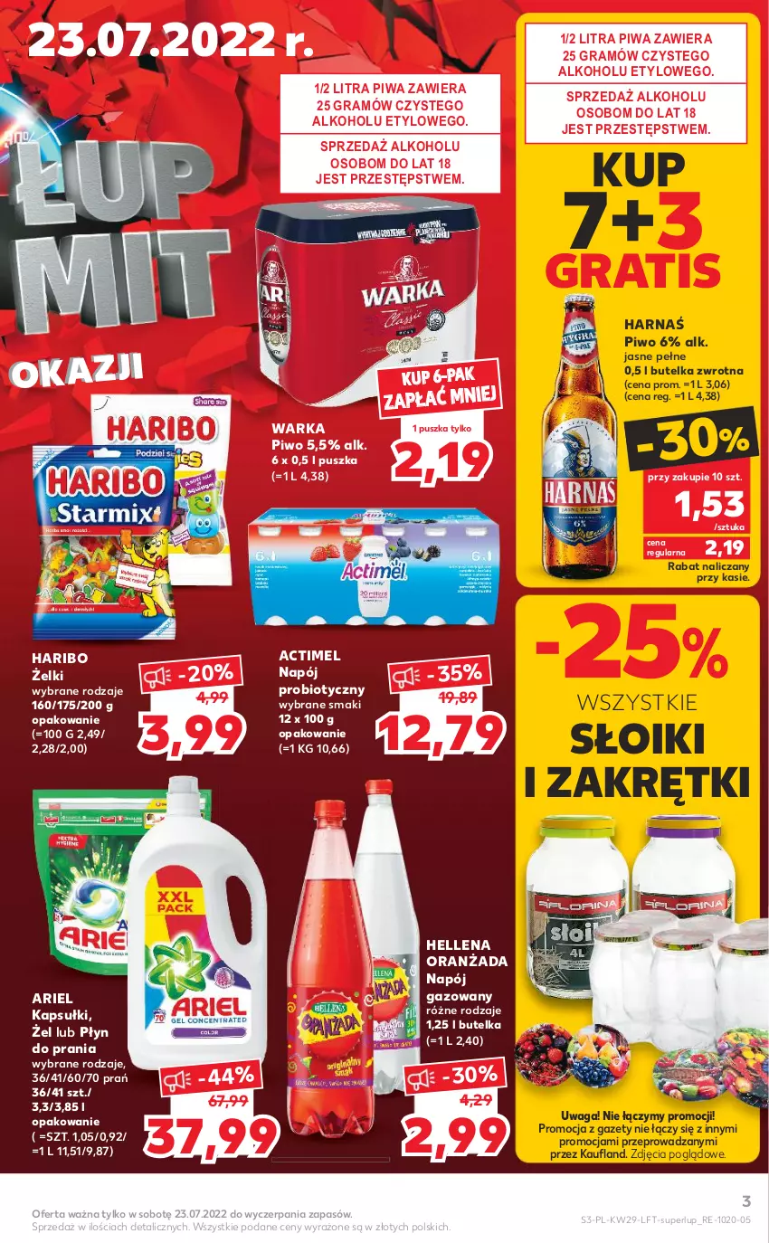 Gazetka promocyjna Kaufland - OFERTA TYGODNIA - ważna 21.07 do 27.07.2022 - strona 3 - produkty: Actimel, Ariel, Gra, Haribo, Harnaś, Hellena, Napój, Napój gazowany, Oranżada, Piwa, Piwo, Płyn do prania, Waga, Warka