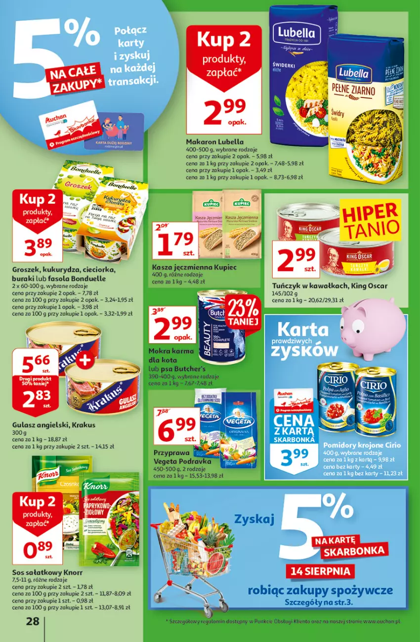 Gazetka promocyjna Auchan - Rysuje się porządek na biurku Hipermarkety - ważna 12.08 do 18.08.2021 - strona 28 - produkty: Bell, Bella, Butcher's, Cieciorka, Groszek, Kasza, Kasza jęczmienna, Kawa, Knorr, Krakus, Kukurydza, Kupiec, Lubella, Makaron, Mokra karma, Orka, Piec, Podravka, Sałat, Sos, Tuńczyk, Vegeta