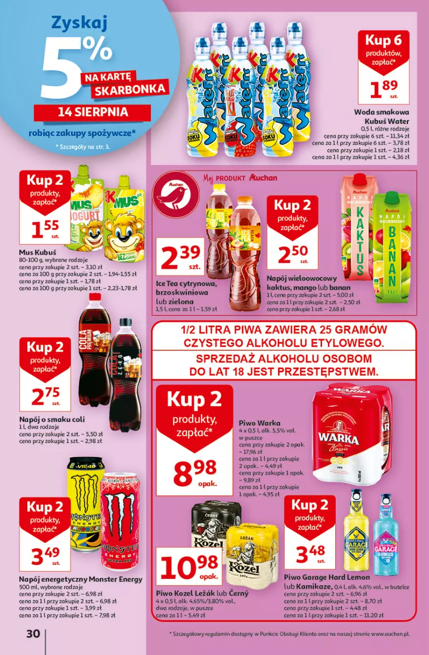 Gazetka promocyjna Auchan - Rysuje się porządek na biurku Hipermarkety - ważna 12.08 do 18.08.2021 - strona 30 - produkty: Gra, Kaktus, Kozel, Kubuś, Mango, Mus, Napój, Napój energetyczny, Piwa, Piwo, Warka, Woda