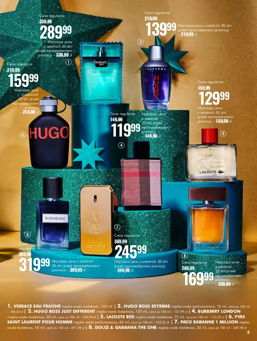 Gazetka promocyjna Super Pharm - Gazetka - ważna 01.12 do 24.12.2023 - strona 5 - produkty: Burberry, Hugo Boss, Lacoste, Laur, Lion, Paco Rabanne, Perfum, The ONE, Versace, Woda, Woda perfumowana, Woda toaletowa, Yves Saint Laurent