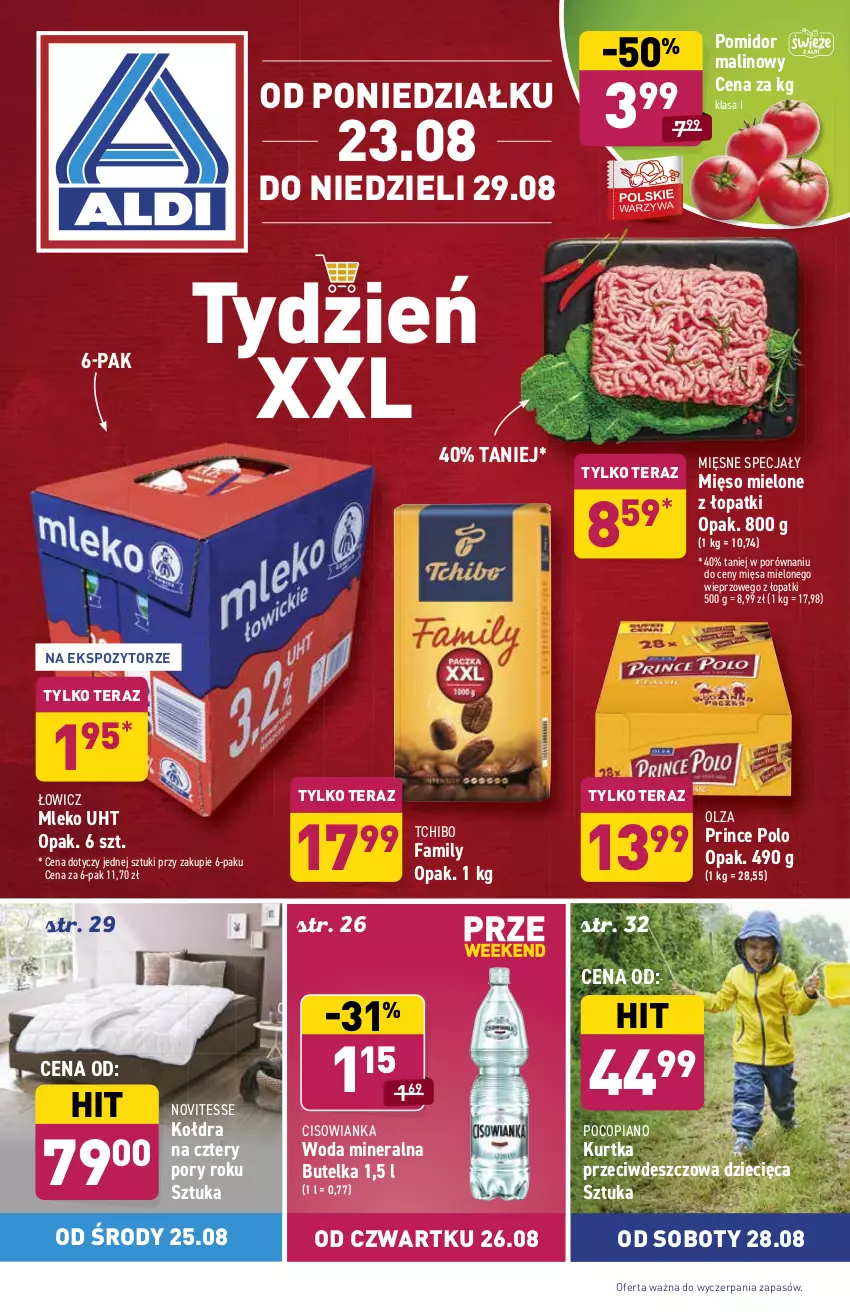 Gazetka promocyjna Aldi - ważna 23.08 do 29.08.2021 - strona 1 - produkty: Cisowianka, Dzieci, Fa, Kołdra, Kurtka, Mięsne specjały, Mięso, Mięso mielone, Mleko, Pocopiano, Pomidor malinowy, Por, Prince Polo, Tchibo, Tchibo Family, Tera, Woda, Woda mineralna