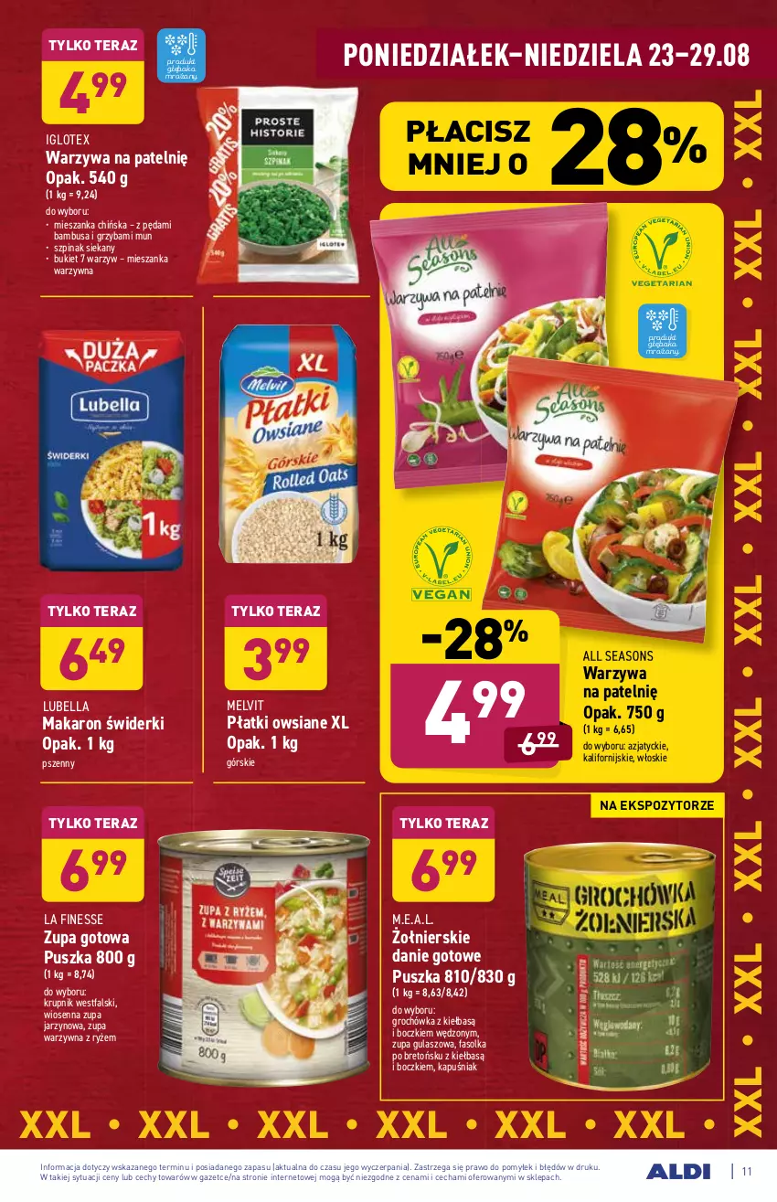 Gazetka promocyjna Aldi - ważna 23.08 do 29.08.2021 - strona 11 - produkty: All Seasons, Bell, Bella, Bukiet, Danie gotowe, Fa, Groch, Krupnik, Lubella, Makaron, Melvit, Mieszanka warzyw, Płatki owsiane, Ryż, Szpinak, Tera, Warzywa, Zupa