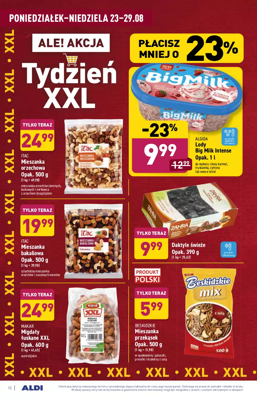 Gazetka promocyjna Aldi - ważna 23.08 do 29.08.2021 - strona 12 - produkty: Algida, Beskidzki, Big Milk, Daktyle, Krakersy, LG, Lody, Mieszanka bakaliowa, Mieszanka orzechowa, Migdały, Migdały łuskane, Owoce, Precelki, Tera