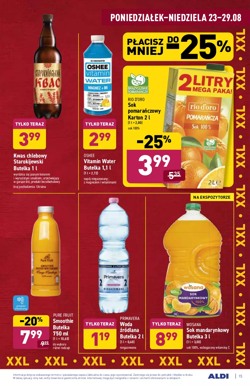 Gazetka promocyjna Aldi - ważna 23.08 do 29.08.2021 - strona 15 - produkty: Chleb, Kije, LANA, Magnez, Napój, Napój niegazowany, Oshee, Prima, Primavera, Pur, Smoothie, Sok, Sok pomarańczowy, Tera, Woda, Wosana