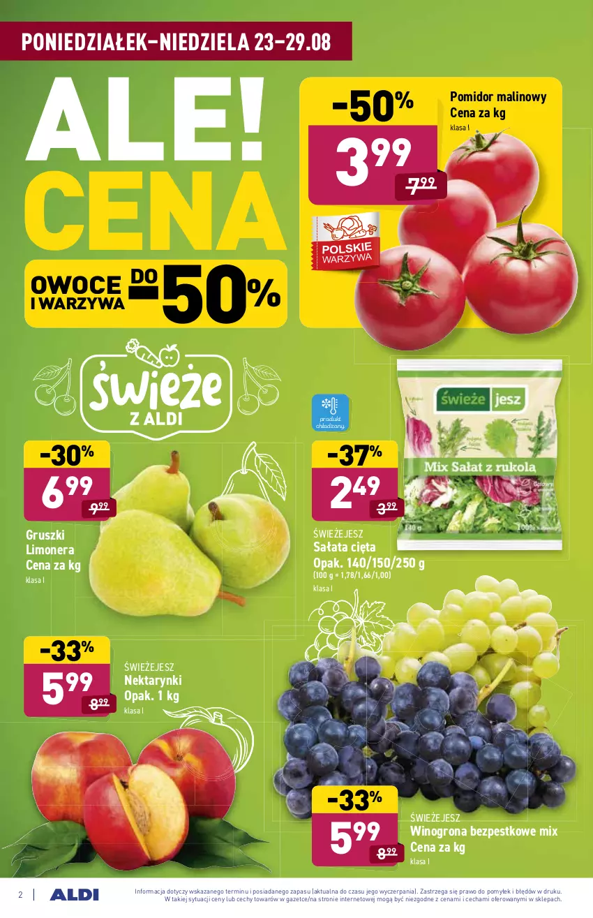 Gazetka promocyjna Aldi - ważna 23.08 do 29.08.2021 - strona 2 - produkty: Gruszki, Nektar, Owoce, Pomidor malinowy, Sałat, Warzywa, Wino, Winogrona, Winogrona bezpestkowe