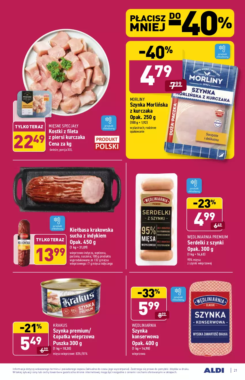 Gazetka promocyjna Aldi - ważna 23.08 do 29.08.2021 - strona 21 - produkty: Kiełbasa, Kiełbasa krakowska, Krakus, Kurczak, Mięsne specjały, Mięso, Mięso wieprzowe, Morliny, Por, Ser, Serdelki, Szynka, Szynka konserwowa, Szynka premium, Tera