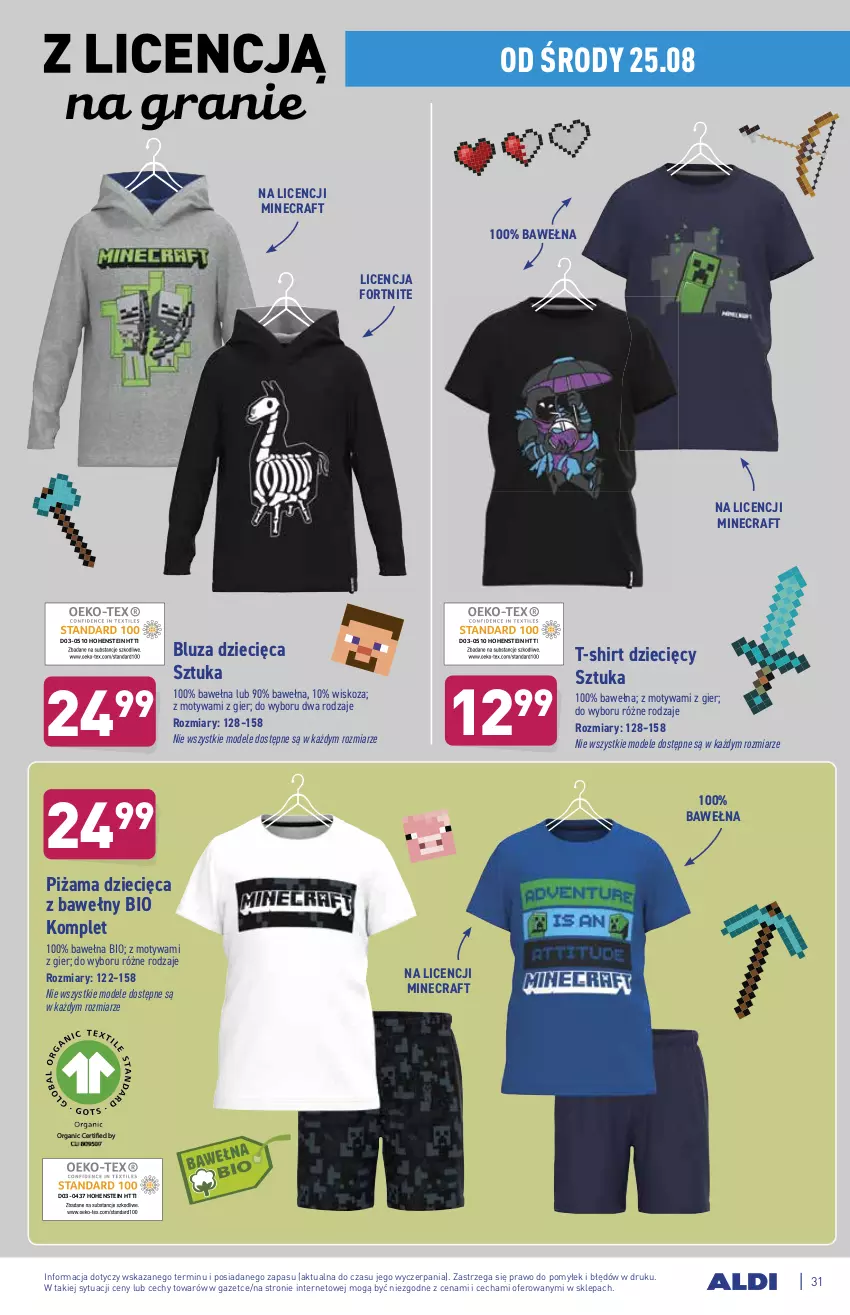 Gazetka promocyjna Aldi - ważna 23.08 do 29.08.2021 - strona 31 - produkty: Bluza, Dzieci, Gra, Minecraft, Piżama, T-shirt, Wełna