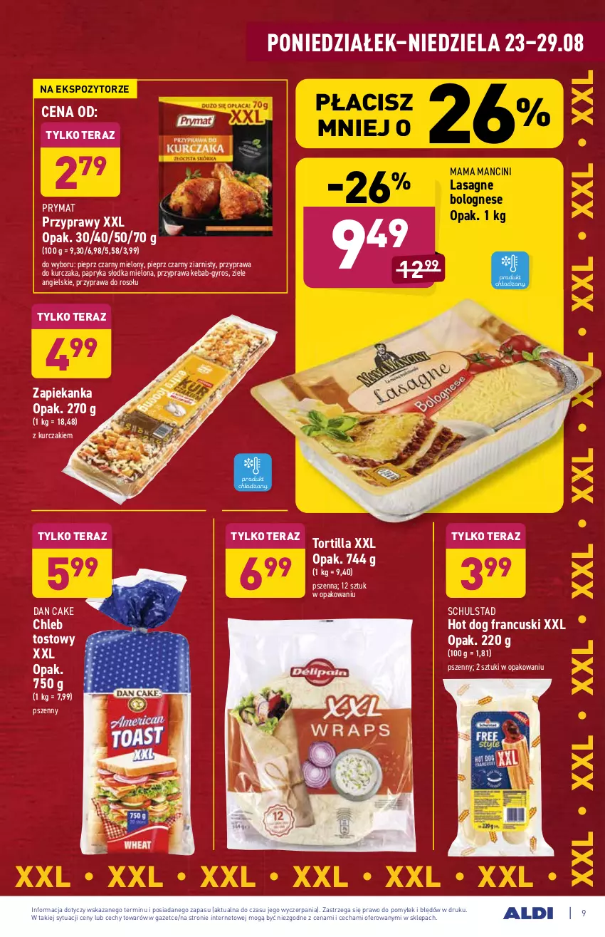 Gazetka promocyjna Aldi - ważna 23.08 do 29.08.2021 - strona 9 - produkty: Chleb, Chleb tostowy, Dan Cake, Gyros, Hot dog, Kebab, Kurczak, Lasagne, Lasagne bolognese, Papryka, Papryka słodka, Pieprz, Prymat, Przyprawa do rosołu, Przyprawy, Tera, Tortilla, Zapiekanka, Ziele angielskie