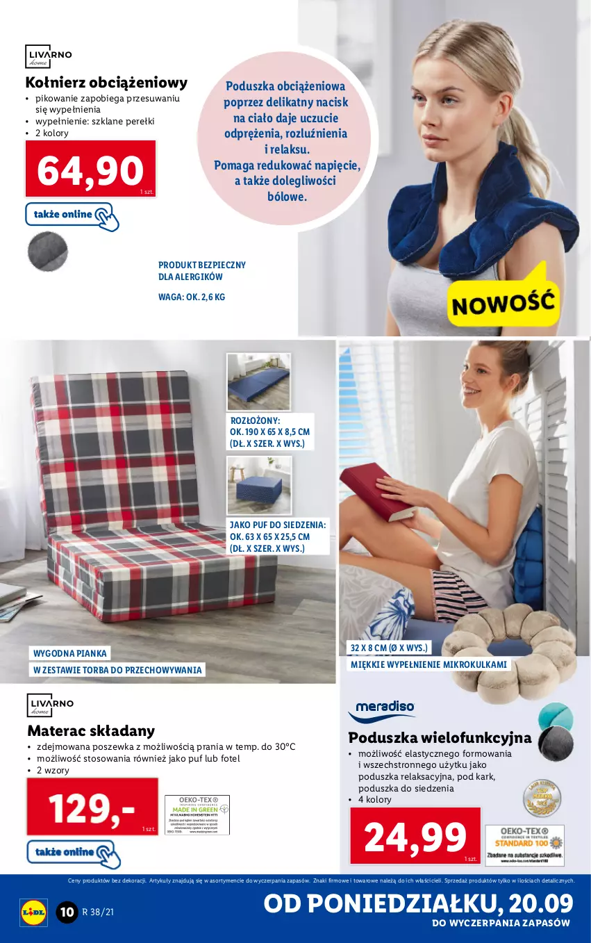 Gazetka promocyjna Lidl - GAZETKA - ważna 20.09 do 26.09.2021 - strona 10 - produkty: Fotel, Materac, Materac składany, Piec, Poduszka, Poszewka, Puf, Tera, Torba, Waga