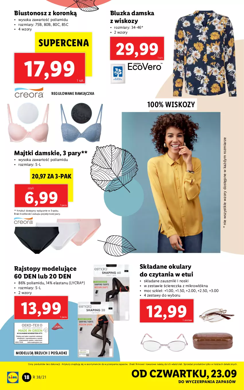 Gazetka promocyjna Lidl - GAZETKA - ważna 20.09 do 26.09.2021 - strona 18 - produkty: Biustonosz, Majtki, Okulary do czytania, Rajstopy, Sok, Top