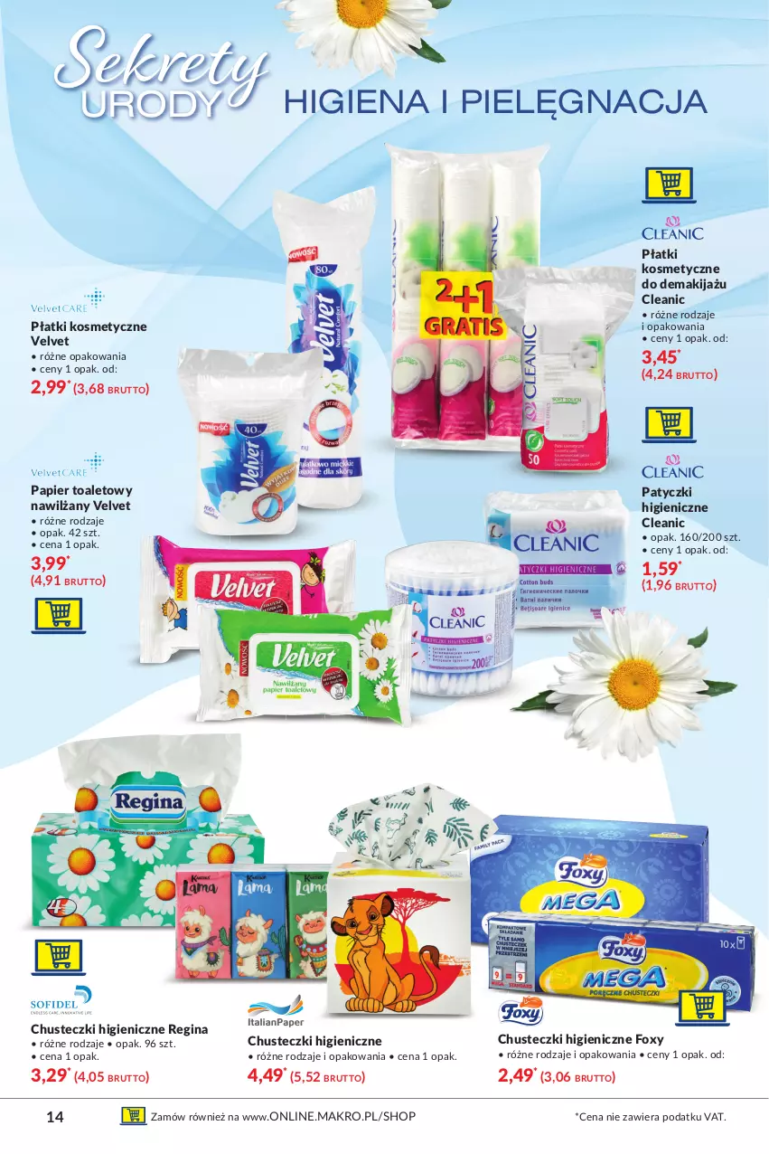 Gazetka promocyjna Makro - [Oferta specjalna] Sekrety Urody - ważna 04.05 do 17.05.2021 - strona 14 - produkty: Chusteczki, Cleanic, Foxy, Gin, Kret, Makijaż, Papier, Papier toaletowy, Płatki kosmetyczne, Velvet