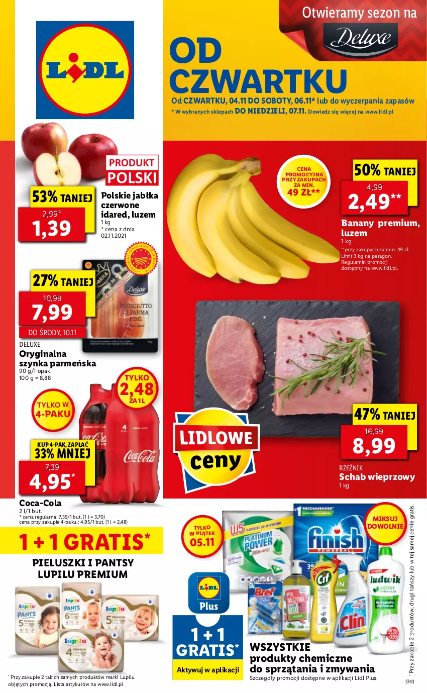 Gazetka promocyjna Lidl - GAZETKA - ważna 04.11 do 07.11.2021 - strona 1 - produkty: Banany, Coca-Cola, Gin, Gra, Jabłka, Schab wieprzowy, Szynka