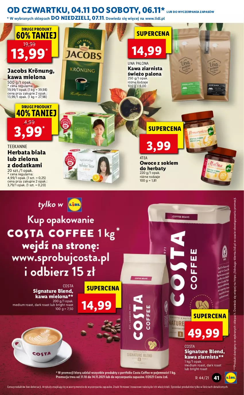 Gazetka promocyjna Lidl - GAZETKA - ważna 04.11 do 07.11.2021 - strona 41 - produkty: Herbata, Jacobs, Jacobs Krönung, Kawa, Kawa mielona, Kawa ziarnista, Owoce, Sok, Teekanne